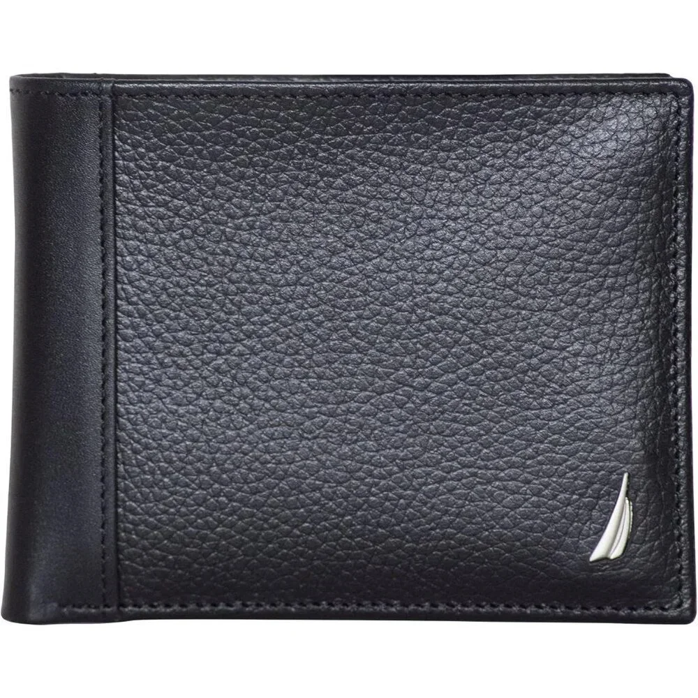 Nautica Men's Bifold Leather Wallet Black RFID Blocking ID Window Card Slots